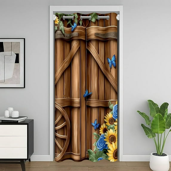 Erosebridal Old Barn Door Door Curtain For Doorways 34x80,Retro Lodge Cabin Black Out Curtain,Sunflower Flower Decor