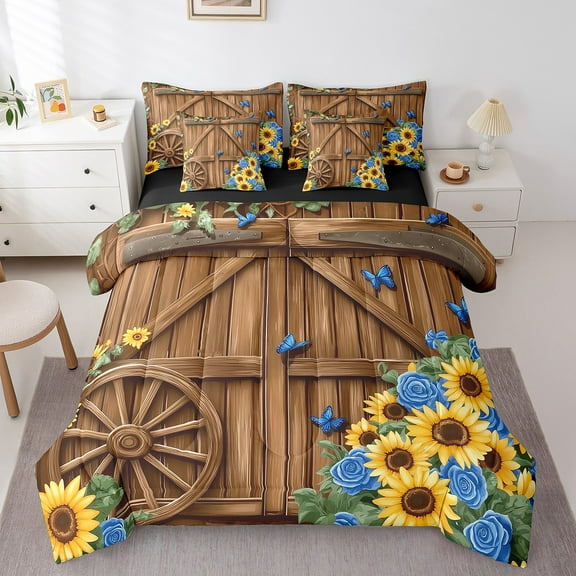 Erosebridal Old Barn Door Bedding Sets Full Size,Retro Lodge Cabin Bed in a Bag Full size,Sunflower Flower Decor,Reversible,Breathable,7-Piece