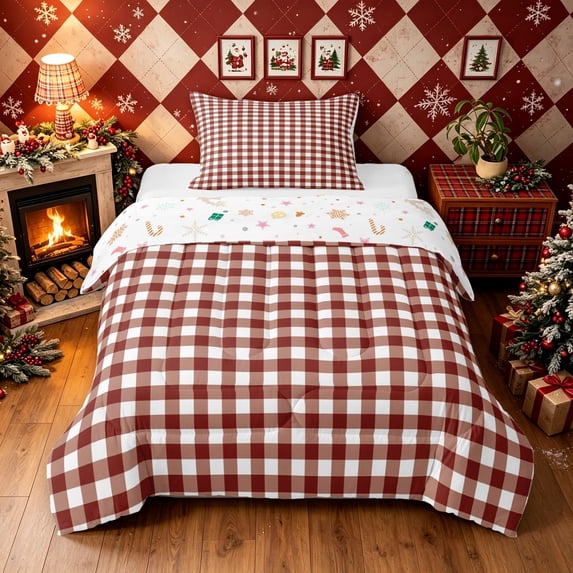 Erosebridal Old Fashion Gingham Twin Comforter Sets, Check Christmas Bedding Set, White Maroon, Christmas Reversible, 2pcs, 1 Comforter and 1 Pillowcase