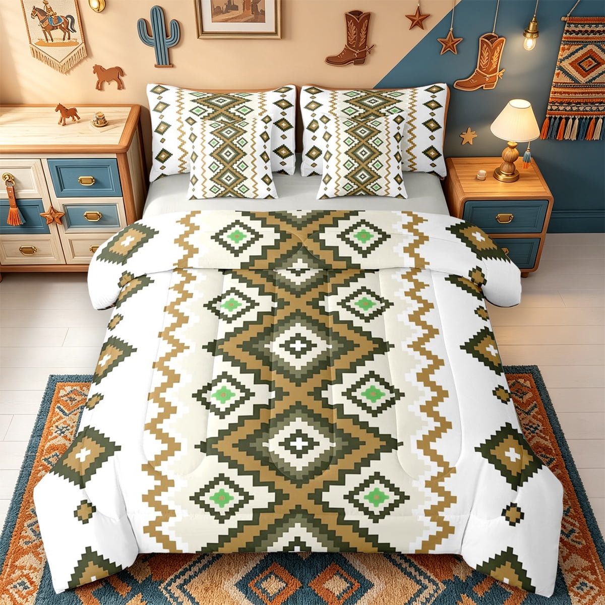 Erosebridal Olive Green Pixel Diamond 7-Piece King Bedding,White Cross ...