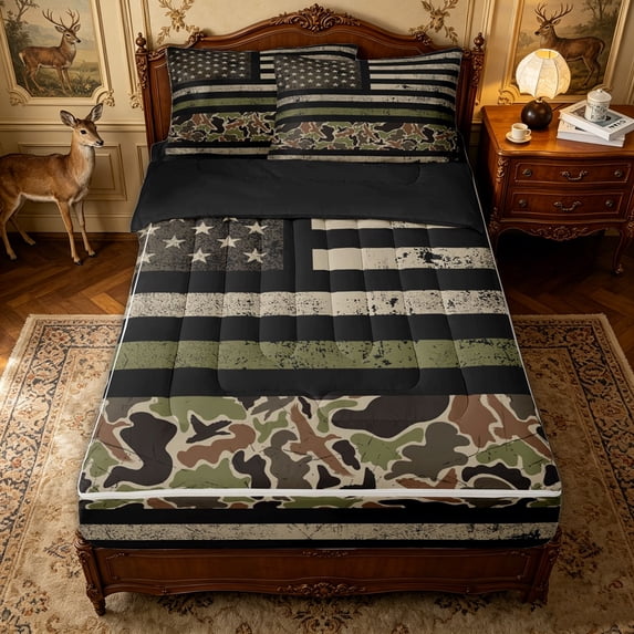 Erosebridal Olive Green Vintage US Flag Zipper Queen Comforter Set with Fitted Sheet and 2 Pillowcases for Boys Men, Rustic Camouflage Zipper Bedding Set, Black Reversible, 4-Piece