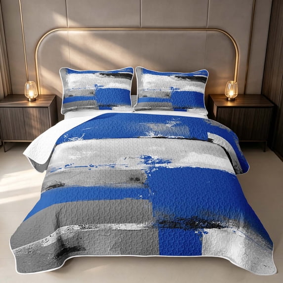Erosebridal Ombre Blue Gray Bed Spread Queen, Abstract Oil Painting Queen Coverlet Set, Gray Reversible 3 Pieces 1 Quilt and 2 Pillowcases