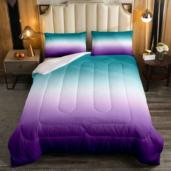 Erosebridal Ombre Comforter Set Green Purple Teal Bedding Set Full Size Colorful Gradient Down Comforter Modern Abstract Quilt Duvet Insert Soft Warm Lightweight 1 Comforter with 2 Pillow Cases