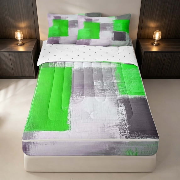 Erosebridal Ombre Grid Zipper Queen Comforter Set with Fitted Sheet and 2 Pillowcases, Geometric Oil Painting Zipper Bedding Set, Green Gray, Reversible