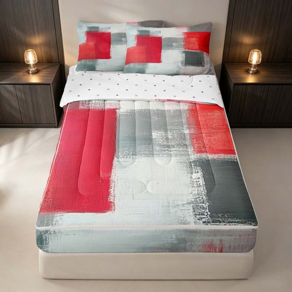 Erosebridal Ombre Grid Zipper Twin Comforter Sets with Fitted Sheet and 2 Pillowcases, Geometric Oil Painting Zipper Bedding Set, Red Gray, Reversible