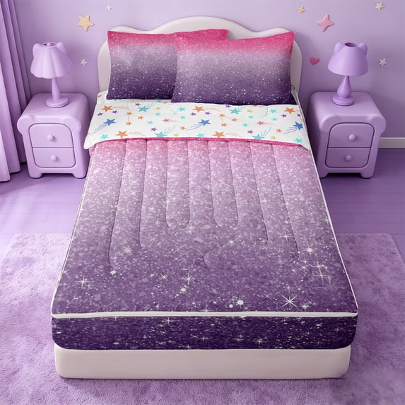 Erosebridal Ombre Stars Glitter Zipper Twin Comforter Sets with Fitted Sheet and 2 Pillowcases,Pink Purple Gradient Sparkle Print Zipper Bedding Set For Girls,Colorful Stars Reversible,4pcs