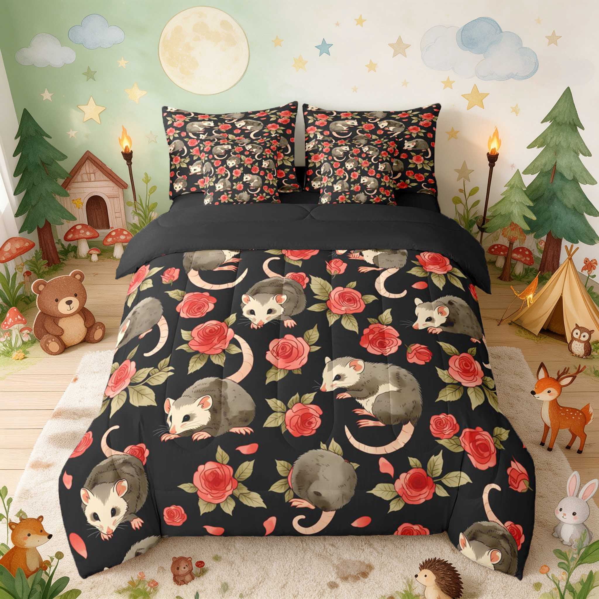 Erosebridal Opossum King Bedding for Girls, Dark Roses King Bed in a ...