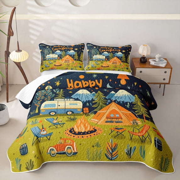 Erosebridal Orange Blue Camping Twin Quilt Set, Starry Night Tent Twin Coverlet Set for Men and Women, 2 Pieces