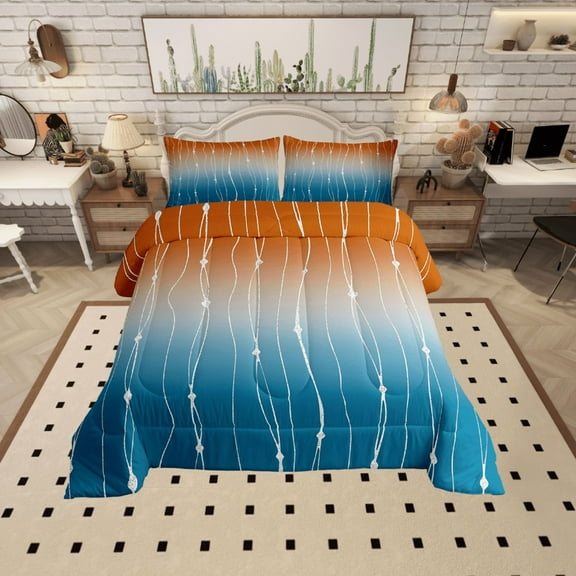 Erosebridal Orange and Blue Comforter Full Men Abstract Aesthetic Bedding Set, Dot and Wave Line Bed Set Gradient Ombre Down Comforter Watercolor Geometric Quilted Duvet Room Decoratives