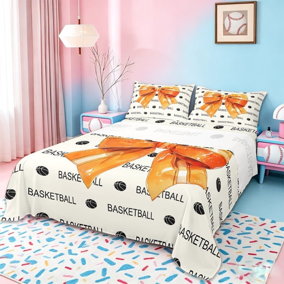 Erosebridal Orange Bow-Tie Print Queen Sheet Sets For Kids,Girls Baseball Ball Game Bed Set 4 Pieces