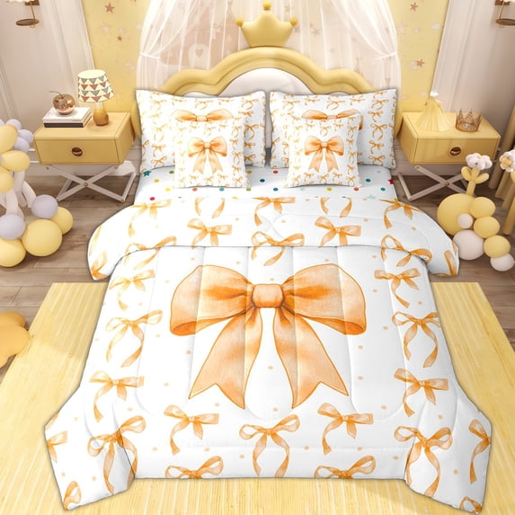 Erosebridal Orange Bowknot Kids Twin Bedding Sets 7-Piece, Cartoon Bow-tie Bedding Comforter Set