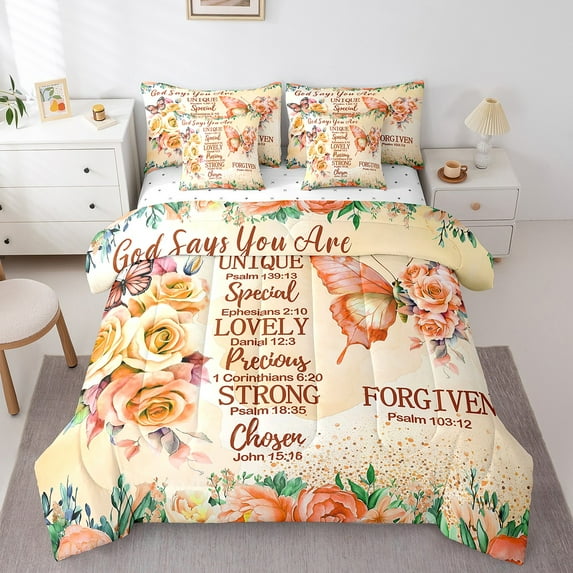 Erosebridal Orange Butterfly Bed in a Bag King size, Inspirational Quotes Bed Set, Rose Floral Decor, 7pcs