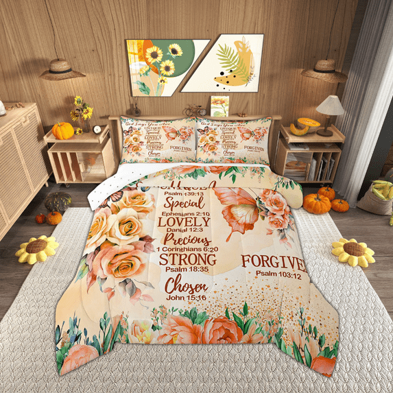 Erosebridal Orange Butterfly Bedding Sets Twin with Comforter, Inspirational Quotes Duvet Insert, Rose Floral Decor, 2pcs