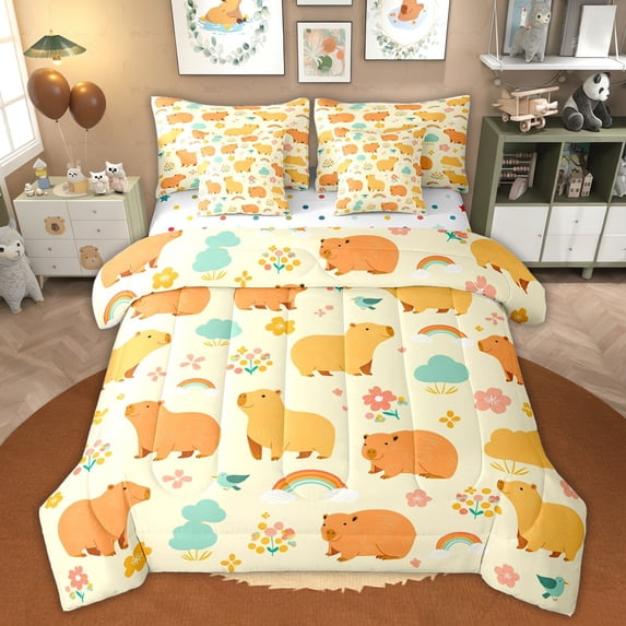 Erosebridal Orange Capybara Kid Twin Bedding Sets, Cartoon Flower Rainbow Bedding Comforter Set, 7 Pieces