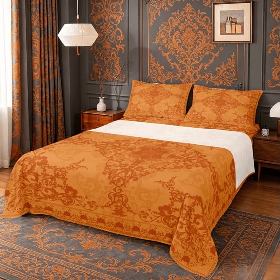 Erosebridal Orange Damask Floral Bed Sheets,Retro Boho Flower King Sheets For Adults 4pcs