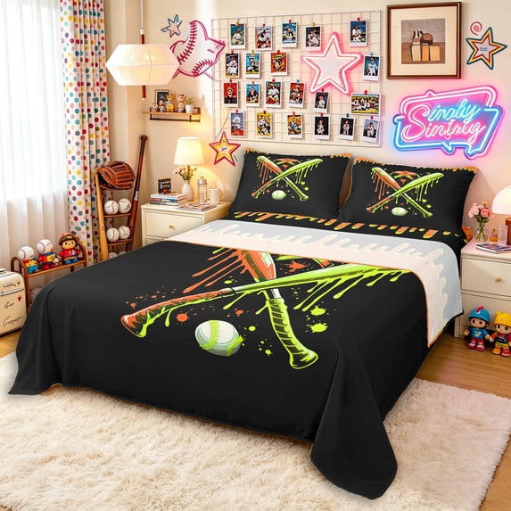 Erosebridal Orange Dripping Black Background Crossed Baseball Bats & Helmet Graphic Bed Sheets 4pcs, Bold Graphic King Sheets for Boys And Girls Kids,Microfiber Bedroom Decor