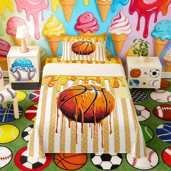 Erosebridal Orange Drippy Basketball Print Twin Sheet Sets, Bold Sports Bedding for Kids Boys and Girls, 1 Flat Sheet, 1 Fitted Sheet and 1 Pillowcase