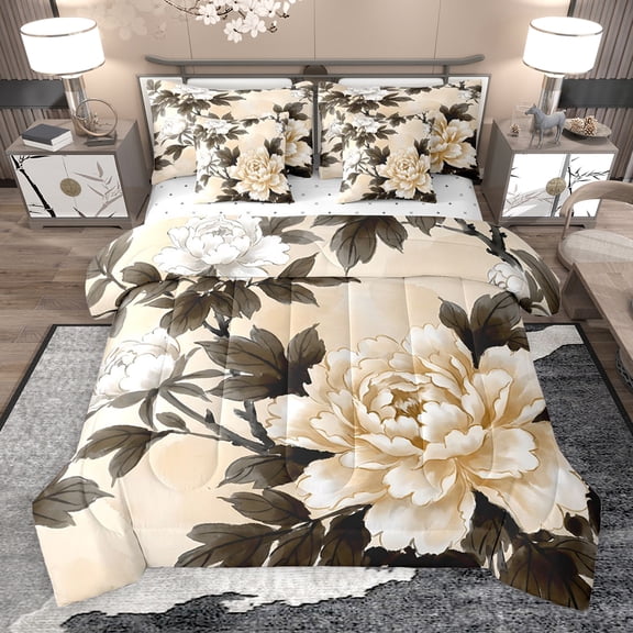 Erosebridal Orange Floral Twin Bedding Sets for Girls Women, Botanical Theme Bedding Comforter Set, Reversible, 7pcs