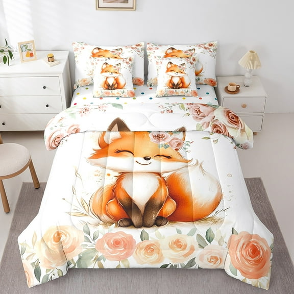Erosebridal Orange Fox Bedding Queen Size,Floral Flower Bedding Sets Queen Size,Kawaii Animal Comforter Sets with Sheets,Super Cozy Cute Room Decorative,Reversible,7 Pieces