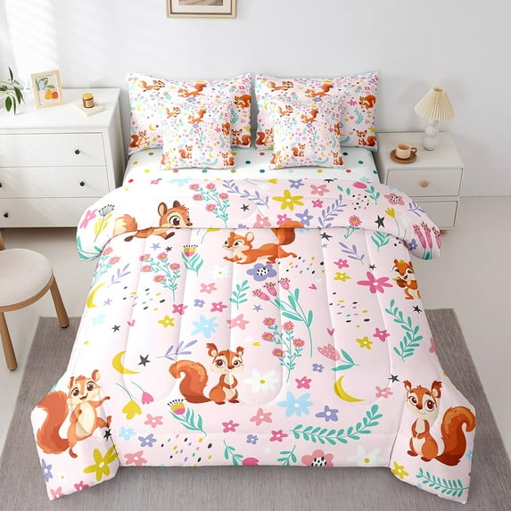 Erosebridal Orange Fox Bedding Sets Queen Size,Chic Flower Daisy Comforter Sets with Sheets,Jungle Wildlife Bed in a Bag Queen Size,Microfiber Bedroom Decorative Reversible,7-Piece