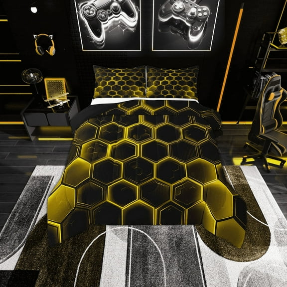 Erosebridal Orange Gradient Hexagon Bedding Twin Comforter Set, Geometry Honeycomb Down Comforter, Black Room Decor, Reversible 2-Piece