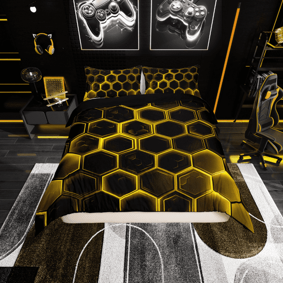 Erosebridal Orange Gradient Hexagon Duvet Cover Twin, Geometry Honeycomb Bedding Sets Twin Size, Black Room Decor, Reversible 2-Piece (No Comforter)