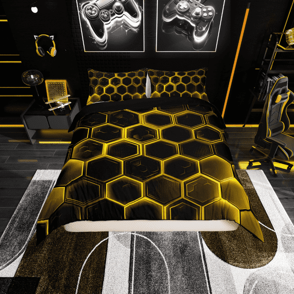 Erosebridal Orange Gradient Hexagon Duvet Cover Twin, Geometry Honeycomb Bedding Sets Twin Size, Black Room Decor, Reversible 2-Piece (No Comforter)