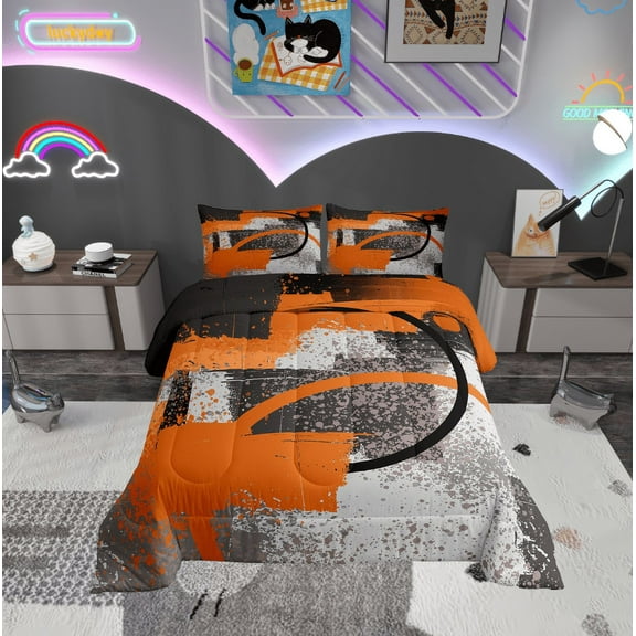 Erosebridal Orange Gray Black Bedding King Comforter Set, Grunge Watercolor Ombre Down Comforter, Modern Geometric Home Decor Breathable 3 Pieces