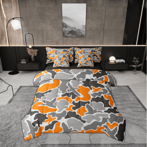Erosebridal Orange Gray Camouflage Bed in a Bag Full Size, Aesthetic Abstract Artwork Bed Set, Camo Bedroom Decor, Reversible 7-Piece