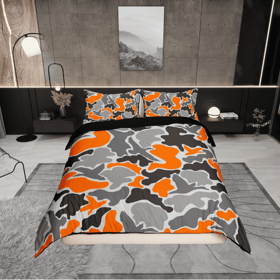 Erosebridal Orange Gray Camouflage Comforter Cover Twin, Aesthetic Abstract Artwork Bedding Twin Size, Camo Bedroom Decor, Reversible 2-Piece (No Comforter)