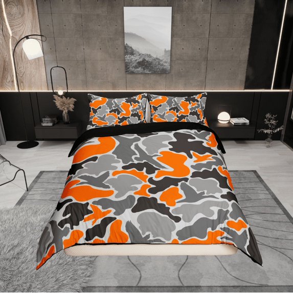 Erosebridal Orange Gray Camouflage Duvet Cover King, Aesthetic Abstract Artwork Bedding Sets King Size, Camo Bedroom Decor, Reversible 3-Piece (No Comforter)