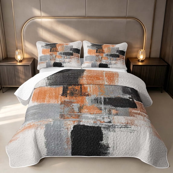 Erosebridal Orange Gray White Black Twin Quilt Set, Aesthetic Oil Painting Twin Coverlet Set, Black Reversible 2-Piece 1 Bedspread and 1 Pillowcase