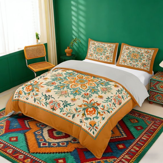 Erosebridal Orange Green Mandala Duvet Cover Set, Bohemian Exotic Style Bedding Full, Gray Reversible 3pcs, 1 Duvet Cover and 2 Pillowcases (No Comforter)