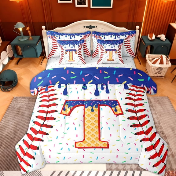 Erosebridal Orange Monogrammed T Bedding Comforter Set 7pcs, Sport Baseball King Bedding Sets, Kids Boys