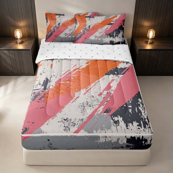 Erosebridal Orange Pink Brush Strokes Zipper Twin Comforter Sets with Fitted Sheet and 2 Pillowcases, Grunge Watercolor Zipper Bedding Set, Reversible