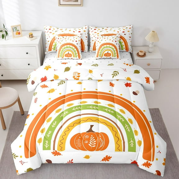 Erosebridal Orange Pumpkin Bedding Twin Size, Cartoon Rainbow Bed in a Bag Twin size, Fall Harvest Decor, Reversible