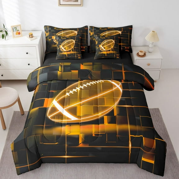 Erosebridal Orange Rubgy Bedding Twin Size,Modern Geometric Grid Comforter Sets with Sheets,Glowing Neon Light Bedding Sets Twin Size For Teens,Breathable Room Decor Reversible,7pcs