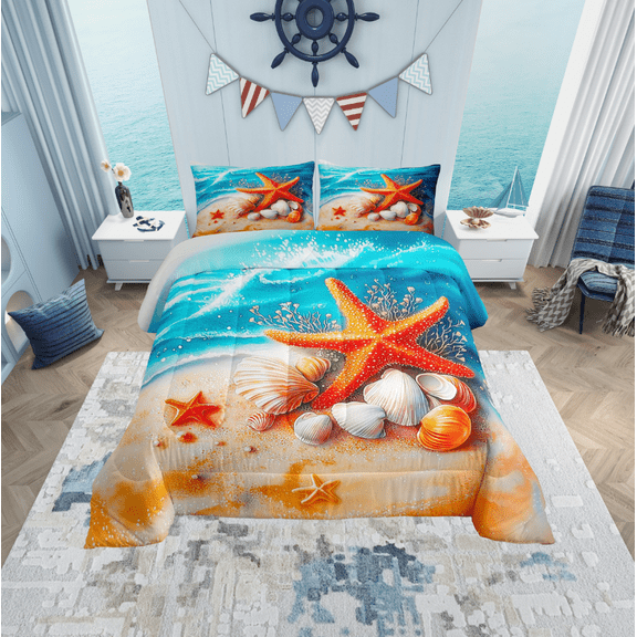 Erosebridal Orange Starfish Bedding Sets Twin with Comforter, Sea Beach Duvet Insert, Blue Ocean Reversible Comforter Sets Twin Size, Ultra Soft Bedroom Decoration, 2 Pieces