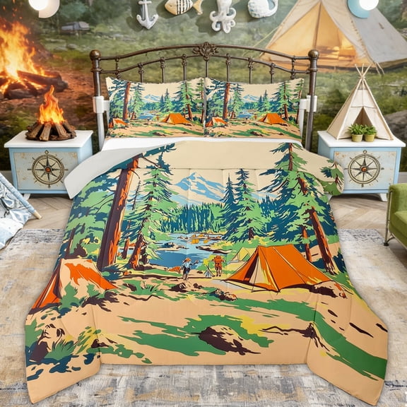 Erosebridal Orange Tent Lake Camping Full Size Comforter Sets, Retro Forest Mountain Bedding Sets for Men and Women, 3-Piece