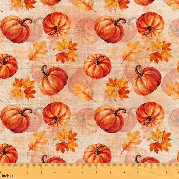 Erosebridal Orange Watercolor Pumpkin Fabric by the Yard 2 Yards, Maple Oak Leaf Fall Pattern Sewing Fabric