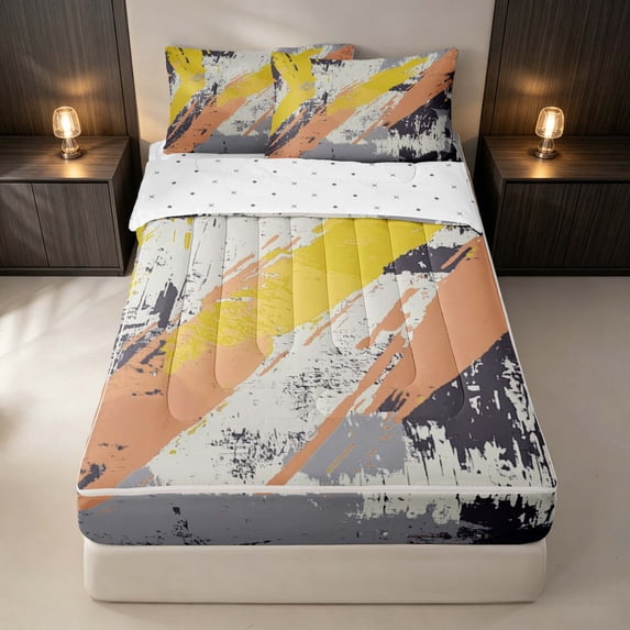 Erosebridal Orange Yellow Brush Strokes Zipper Twin Comforter Sets with Fitted Sheet and 2 Pillowcases, Grunge Watercolor Zipper Bedding Set, Reversible