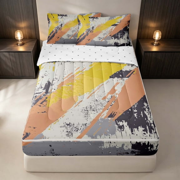 Erosebridal Orange Yellow Brush Strokes Zipper Twin Comforter Sets with Fitted Sheet and 2 Pillowcases, Grunge Watercolor Zipper Bedding Set, Reversible