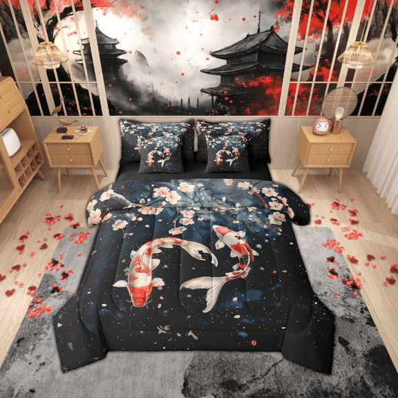 Erosebridal Oriental Koi Fish Bed in a Bag Queen Size, Japanese Style Bed Set, Cherry Blossoms Bedroom Decor, Reversible 7pcs