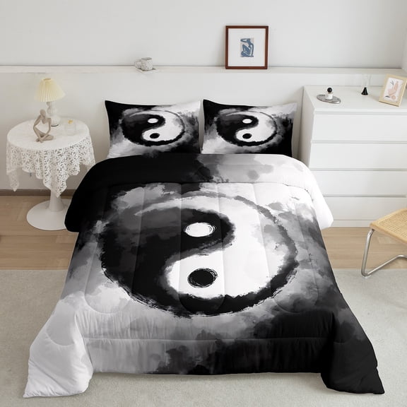 Erosebridal Oriental Yin and Yang Bedding Queen Comforter Set, Japanese Style Down Comforter, Black White Bedroom Decor Lightweight 3 Pieces