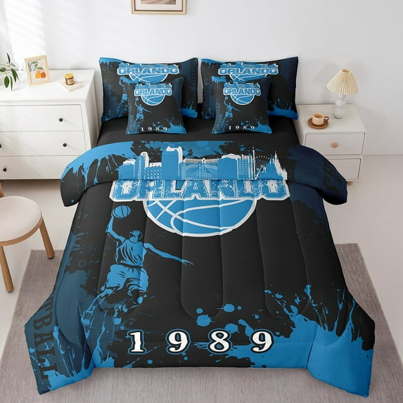 Erosebridal Orlando Silhouette Bedding King Size,Sport Theme Bed Set,Basketball City Bedding Sets King Size For Kids Boys,Lightweight Bedroom Decor Reversible,7pcs