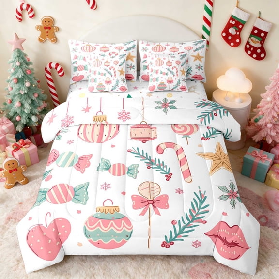 Manfei Ornament Twin Bedding 7pcs Christmas Bedding Comforter Set, Cream Green, Xmas Reversible