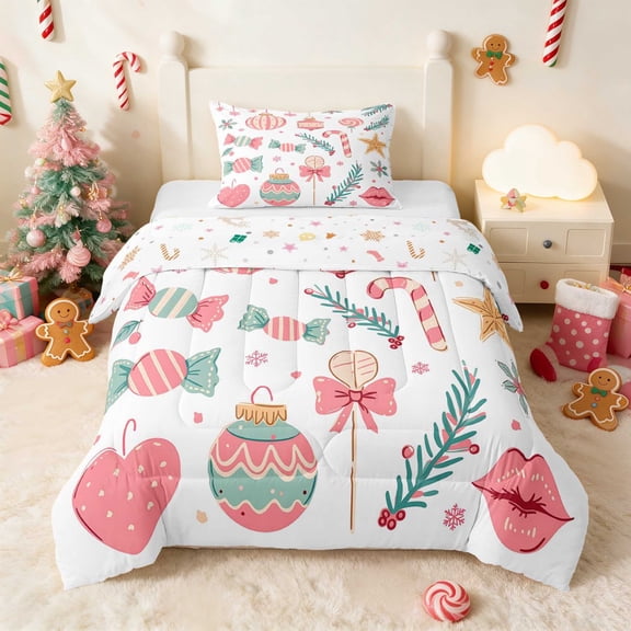 Manfei Ornament Twin Comforter Sets Christmas Bedding Set, Cream Green 2 Pieces 1 Comforter and 1 Pillowcase, Xmas Reversible