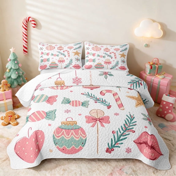 Manfei Ornament Twin Quilt Set Christmas Twin Coverlet Set, Cream Green 2-Piece 1 Bedspread and 1 Pillowcase