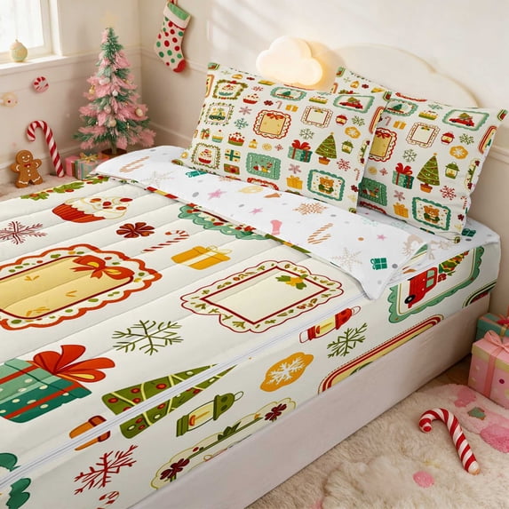 Manfei Ornament Zipper Twin Comforter Sets with Fitted Sheet and 2 Pillowcases Christmas Zipper Bedding Set, Rust Cream, Xmas Reversible