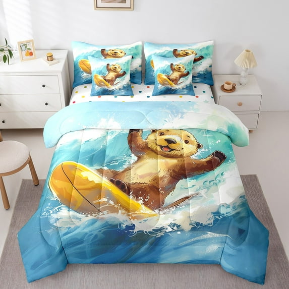 Erosebridal Otter Surfing Bedding Queen Size,Blue Yellow Comforter Sets with Sheets,Ocean Sea Bedding Sets Queen Size,Microfiber Marine Room Decor,Reversible,7 Pieces